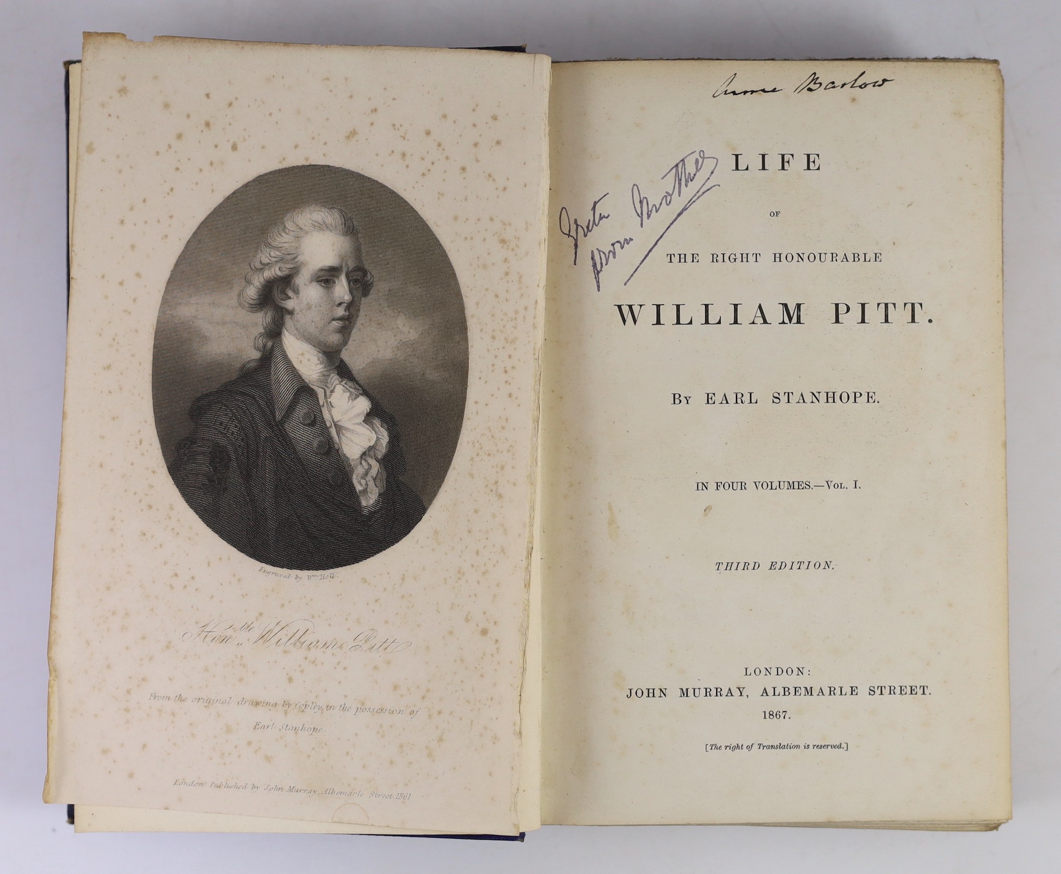 Stanhope, Philip Henry, 5th Earl Stanhope - Life of the Right Honourable William Pitt, 3rd edition, 4 vols, 8vo, cloth, John Murray, London, 1867 and Napier, W.F.P, Sir - History of the War in the Peninsula, 6 vols, 8vo,